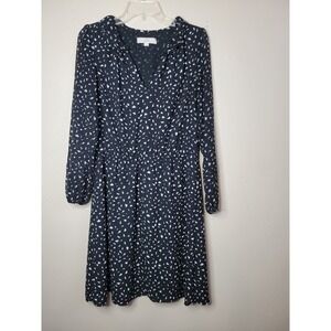 Ann Taylor LOFT Dress Black White Speckled Print Ruffle Neckline Lightweight Sz8